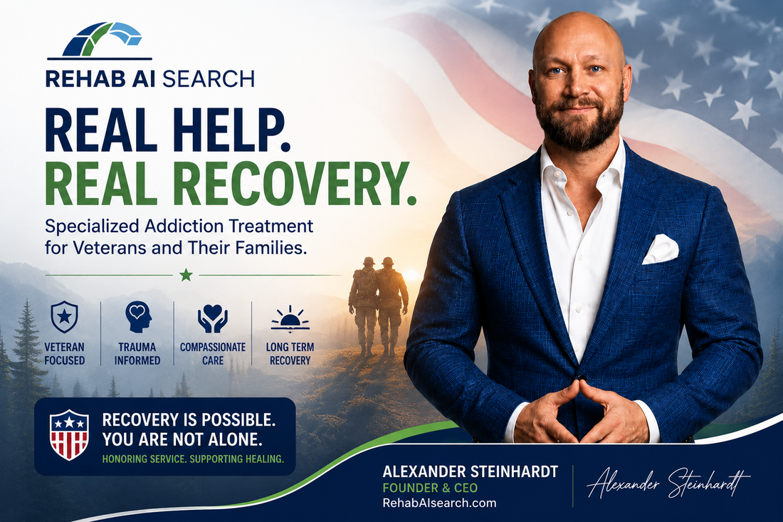 Rehab for veterans guide featuring Alexander Steinhardt, Founder and CEO of Rehab AI Search, with information about veteran addiction treatment, VA benefits, PTSD support, and recovery options.