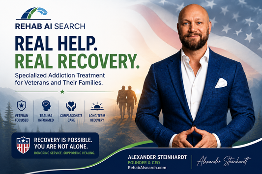 Rehab for veterans guide featuring Alexander Steinhardt, Founder and CEO of Rehab AI Search, with information about veteran addiction treatment, VA benefits, PTSD support, and recovery options.