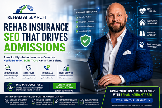 Rehab insurance SEO strategy showing insurance verification, treatment center admissions, AI search visibility, and Google ranking strategies for addiction treatment providers.