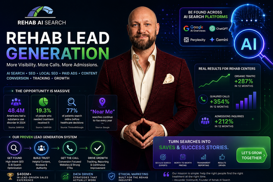Rehab lead generation strategy showing SEO, AI search visibility, and admissions growth for treatment centers