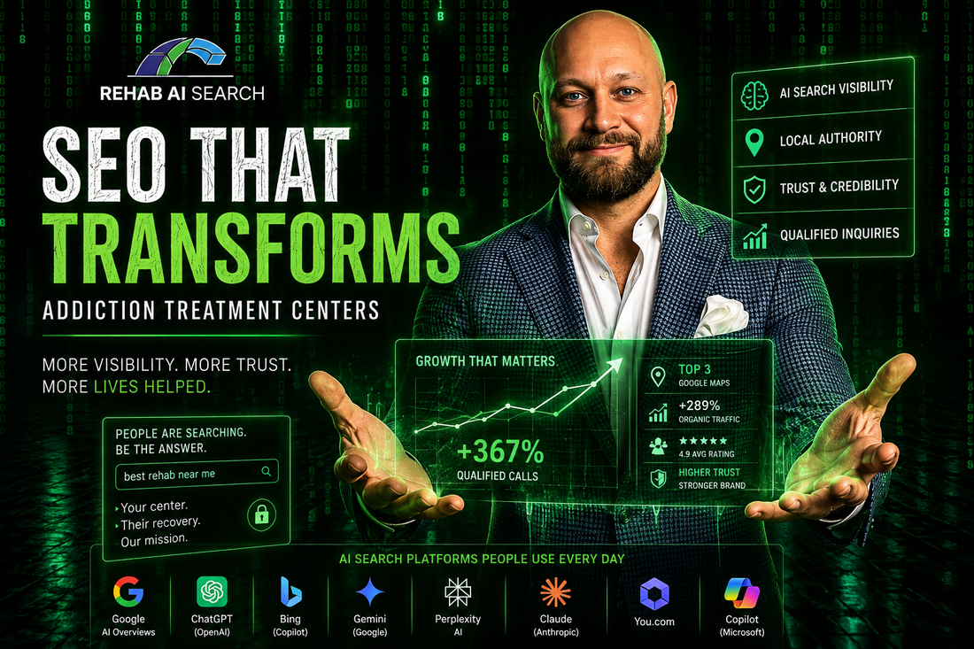 SEO and addiction treatment strategy showing AI search visibility, Google Maps authority, rehab search trust, and digital marketing growth framework