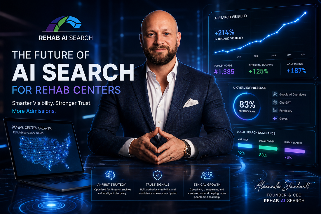 SEO for drug rehabilitation facility strategy showing Google rankings, AI visibility, local rehab search, and trust-building marketing