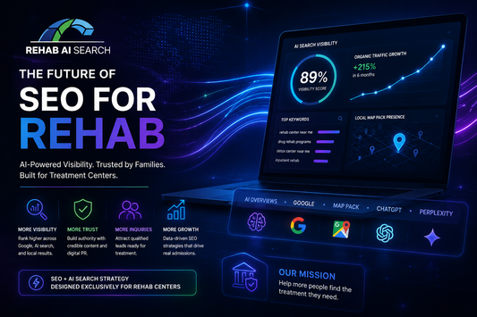 SEO for rehab strategy showing AI search visibility, Google rankings, local rehab marketing, and Rehab AI Search growth systems