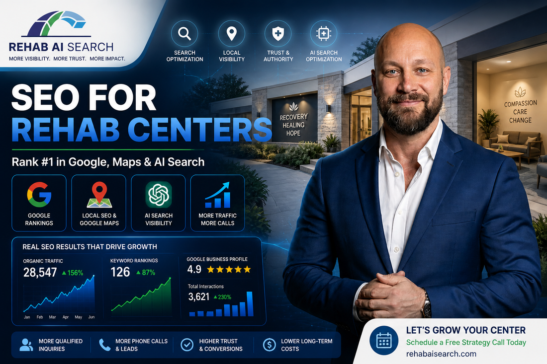 SEO for rehab centers showing Google rankings, AI search visibility, local SEO, and treatment center marketing strategy with Rehab AI Search