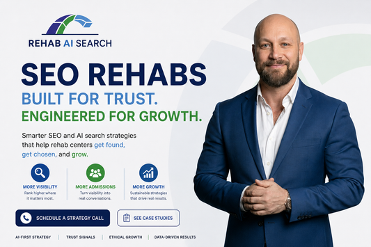 SEO rehabs strategy showing AI search visibility, Google rankings, and trust-focused rehab marketing