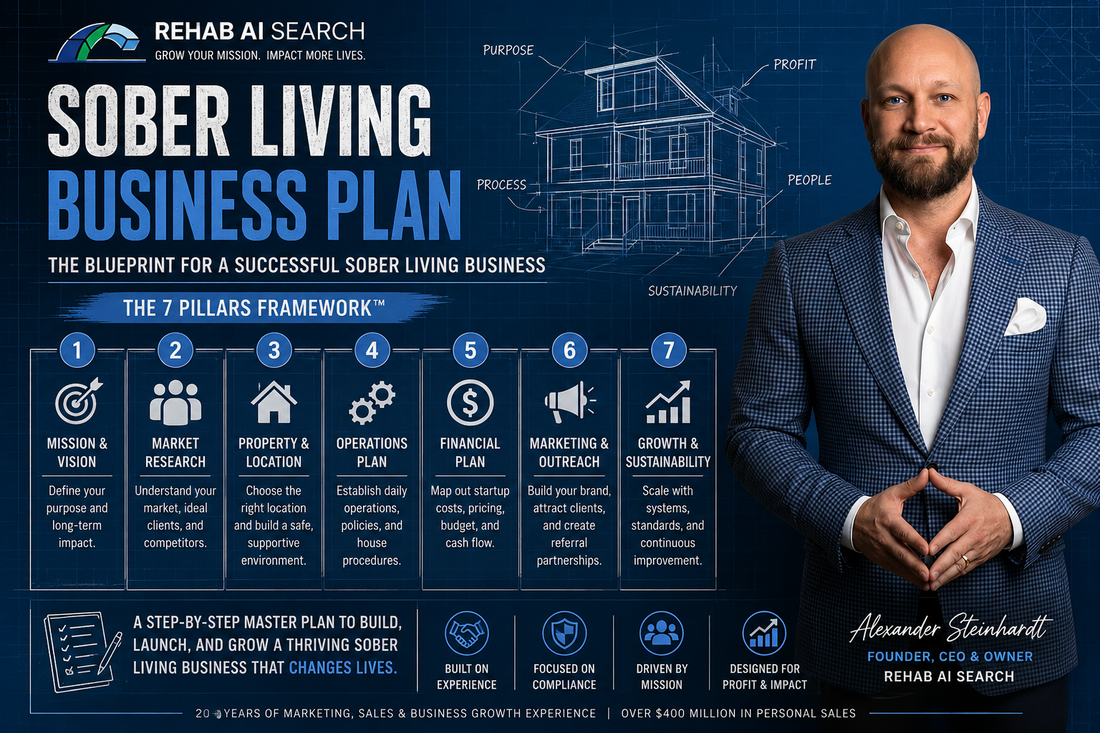 Sober Living Business Plan blueprint with Alexander Steinhardt and the Rehab AI Search framework for launching and growing a sober living home.