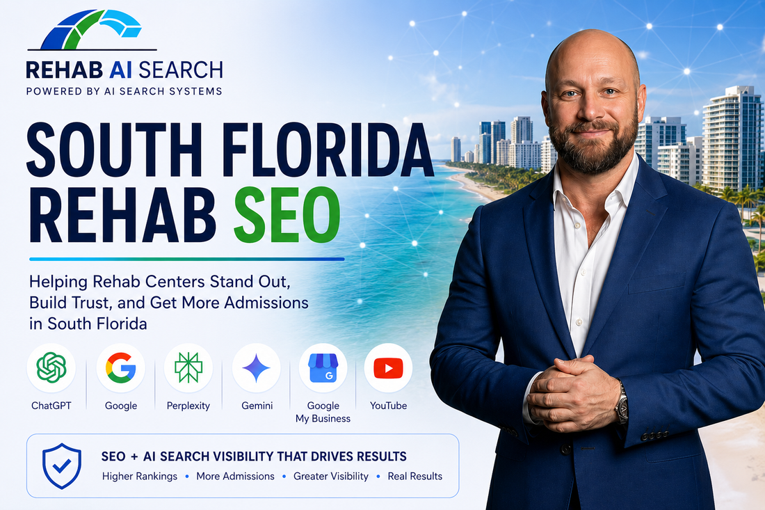 South Florida Rehab SEO visual showing AI-powered search visibility, Google rankings, and rehab admissions growth for treatment centers