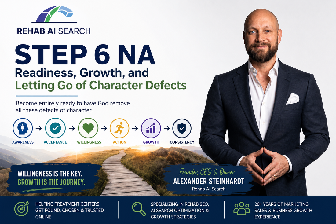 Step 6 NA recovery guide featuring Alexander Steinhardt, Founder and CEO of Rehab AI Search, explaining willingness, character defects, personal growth, and long-term recovery in Narcotics Anonymous.