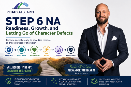 Step 6 NA recovery guide featuring Alexander Steinhardt, Founder and CEO of Rehab AI Search, explaining willingness, character defects, personal growth, and long-term recovery in Narcotics Anonymous.