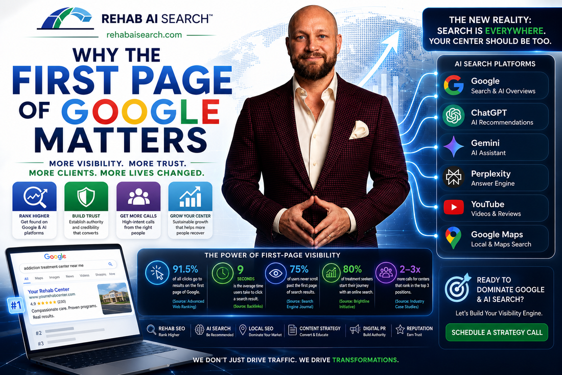 Why the First Page of Google Matters™ infographic by Rehab AI Search™ showing Google rankings, AI search visibility, ChatGPT, Gemini, Perplexity, YouTube, Google Maps, and the impact of first-page search visibility on trust, leads, and business growth.