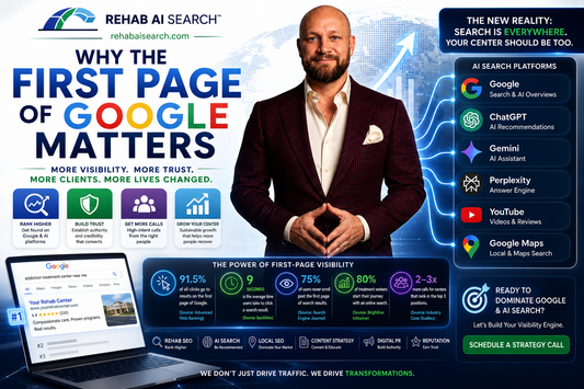Why the First Page of Google Matters™ infographic by Rehab AI Search™ showing Google rankings, AI search visibility, ChatGPT, Gemini, Perplexity, YouTube, Google Maps, and the impact of first-page search visibility on trust, leads, and business growth.